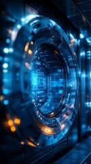 Poster - A close up of a futuristic round hatchway, with bright blue lights and an internal view of circuitry.