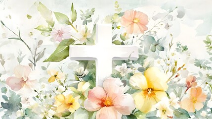 Wall Mural - Floral Cross Design with Colorful Spring Flowers and Greenery in Romantic Bouquet