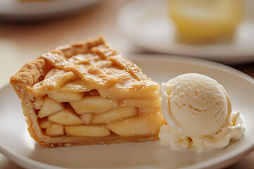 Wall Mural - A slice of apple pie served with a scoop of vanilla ice cream on a plate.