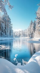 Wall Mural - Frozen lake surrounded by snow-covered trees