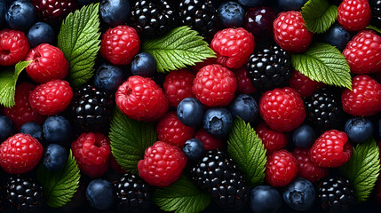 A vibrant assortment of berries with green leaves, showcasing freshness and color.