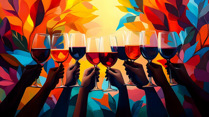 Canvas Print - A vibrant celebration with glasses raised in a toast against a colorful background.