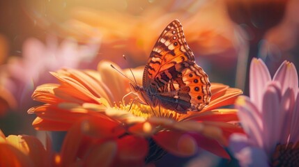 A close-up of a butterfly resting on a vibrant flower.