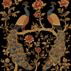 Two majestic pattern with peacocks and flowers in bright colors, thai style