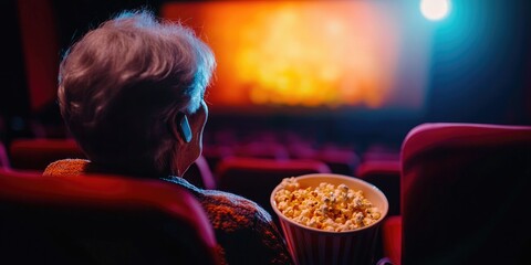 Poster - A person with a hearing aid watching a film at a cinema, seated comfortably with a bucket of popcorn, the screen brightly illuminated and the atmosphere immersive