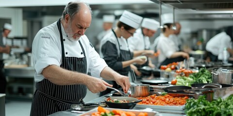 Wall Mural - A person with a hearing aid engaging in a cooking class, carefully following the chefs instructions, the kitchen filled with fresh ingredients and eager participants