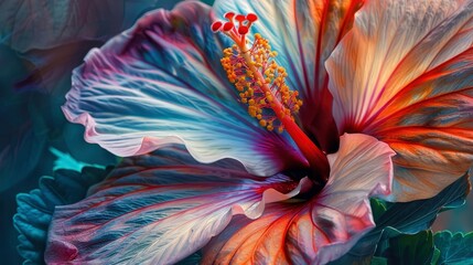 A close-up of a hibiscus flower with vibrant colors and intricate details.