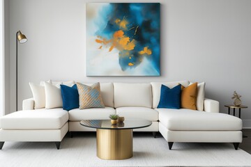 Wall Mural - Minimalist interior with a cream-colored sectional sofa, a brass-and-glass coffee table, and a vibrant abstract painting in shades of blue and gold. 