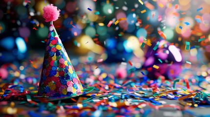 A close-up of a party hat and noisemaker on a confetti-covered table.