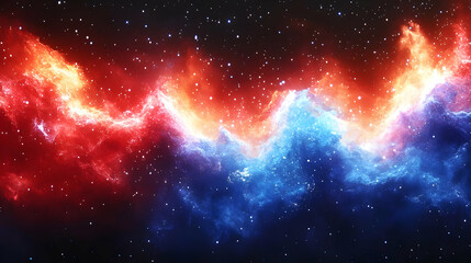 Poster - A vibrant cosmic scene with swirling red and blue nebulae against a starry background.