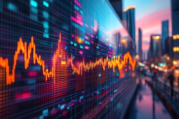 Aufkleber - A close-up view of a stock ticker with a cityscape in the background, showing a graph of financial data.