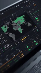 Fototapete - A close-up shot of a laptop screen displaying a world map with green highlighted areas, showing data analysis and statistics.
