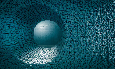 Abstract tunnel made of cubes leading to the light