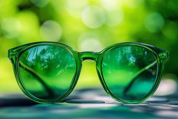 A pair of green sunglasses resting on a surface, with a lush green background and nature beautifully reflected in the lenses.