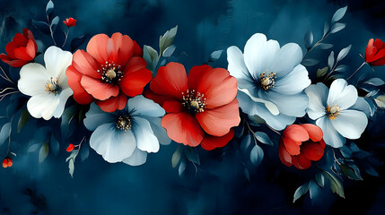 Wall Mural - A vibrant floral arrangement featuring red, white, and blue flowers against a dark background.