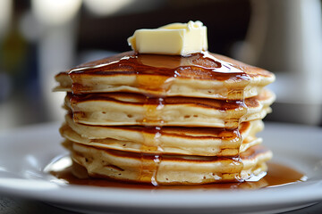 Wall Mural - A stack of fluffy pancakes topped with butter and syrup on a plate.