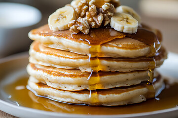 Wall Mural - A stack of fluffy pancakes topped with banana slices, walnuts, and syrup on a plate.