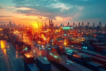 Poster - A container port at sunset with digital data overlays, highlighting the interconnectedness of global trade.
