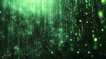 Canvas Print - A vibrant green abstract background with glowing particles and cascading lines.