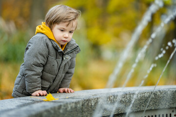 Wall Mural - Cute little boy playing outdoors on sunny autumn day. Child exploring nature. Fall activities for kids.