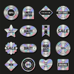 Set of holographic sticker, label templates. Shiny rainbow emblem Original, Limited Edition, New, Sale, Premium quality. Vector illustration