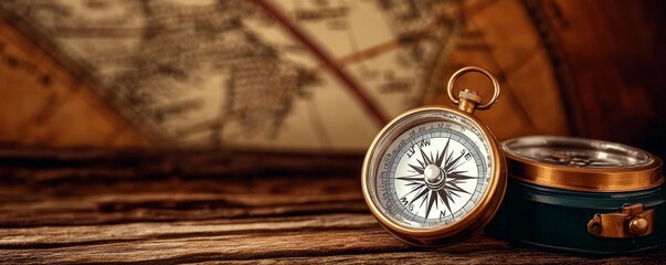 vintage old compass on antique map, retro navigation and exploration, old compass on the vintage map