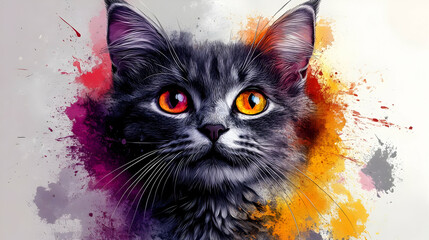 Naklejka na meble A vibrant illustration of a cat with striking eyes, surrounded by colorful splashes.