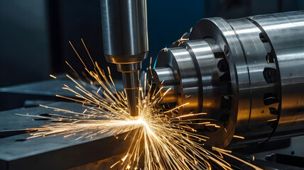 Rusty steel lathe machine sparks flying while cutting metal in a vintage factory