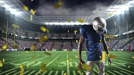 Poster - Animation of confetti falling over african american american football player in stadium
