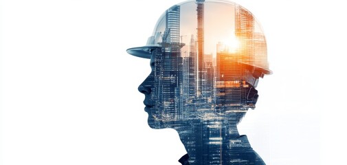 Double exposure image of a construction worker with a cityscape overlay, symbolizing urban development and future planning. Promoting occupational safety through reliable hardhat protection