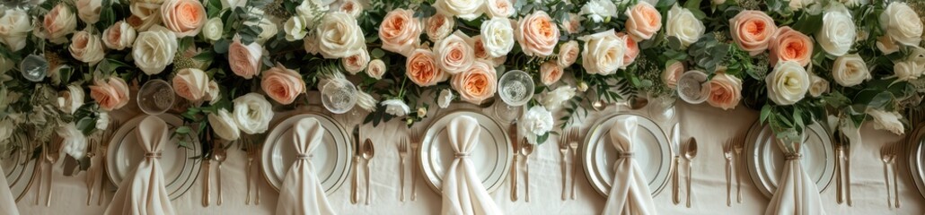 Wall Mural - Table setting with flowers decoration, silver cutlery and plates, top view. Wedding celebration, holiday dinner  