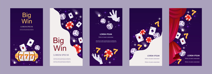 Wall Mural - Casino set. Collection of templates for stories, flyers, posters, banners, brochures. Winning, roulette, chips and magic. Vector illustration.