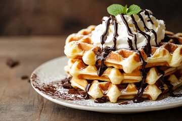 Wall Mural - A delicious stack of waffles topped with whipped cream, chocolate drizzle, and mint.