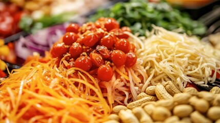 Wall Mural - A close-up of Tum (Thai papaya salad), featuring shredded green papaya, cherry tomatoes, peanuts, and chilies, with vibrant ingredients on display.