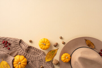 Wall Mural - Warm autumn scene featuring a cozy sweater, stylish hat, and miniature pumpkins scattered with leaves to evoke fall vibes