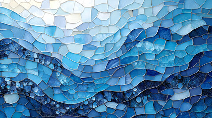 Wall Mural - A vibrant mosaic artwork depicting flowing waves in various shades of blue.