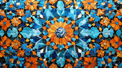 Wall Mural - A vibrant mosaic design featuring intricate patterns in blue and orange tones.