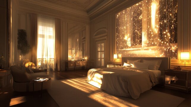 bedroom with holographic projection adaptable environment for the occupants