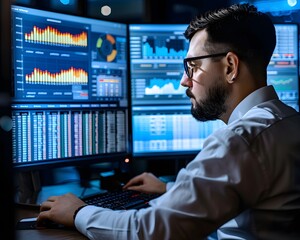 Poster - Focused analyst working with data on multiple monitors, analyzing trends and financial information in a modern office environment.