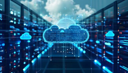 Poster - futuristic cloud computing concept with digital data flow, representing secure storage and modern te