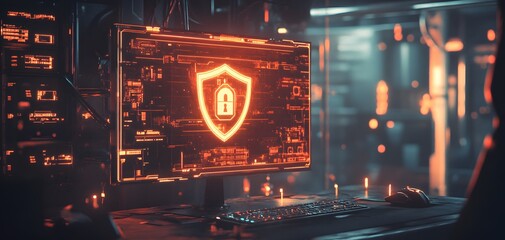 Poster - Futuristic computer screen displaying a security icon, representing advanced technology and cybersecurity in a digital environment.