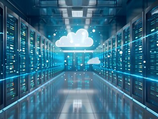 Poster - Futuristic data center with cloud technology, showcasing servers and digital connections for seamless data management.