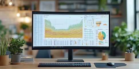 Leinwandbilder - A curved monitor with financial data displayed on the screen and a wireless keyboard and mouse on a wooden desk.