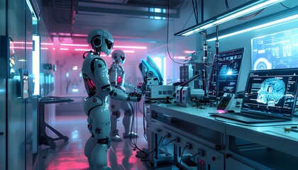 Poster - Futuristic laboratory featuring advanced robots working with technology in a neon-lit environment.