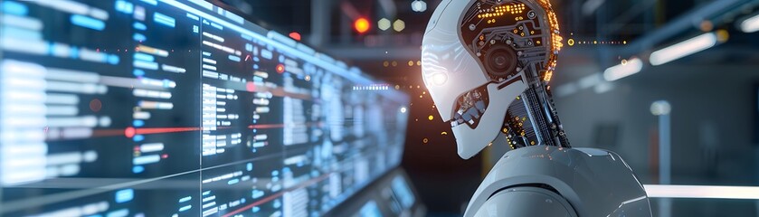 Poster - Futuristic robot head with glowing circuitry, representing advanced technology and artificial intelligence in a modern digital environment.