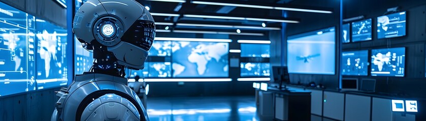 Poster - Futuristic robot in a high-tech control room with digital screens displaying data and maps, symbolizing advanced technology.