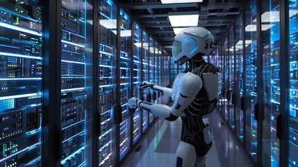 Poster - Futuristic robot interacting with advanced server technology in a high-tech data center.