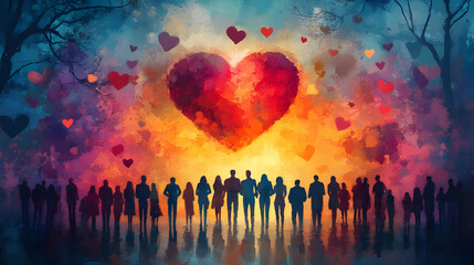 Canvas Print - A vibrant scene featuring silhouettes of people against a glowing heart backdrop.