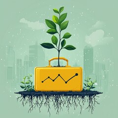 Canvas Print - vector design of a plant growing out of a briefcase with roots extending to form a positive trend li