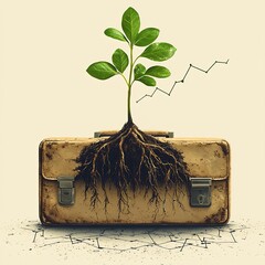 Canvas Print - vector design of a plant growing out of a briefcase with roots extending to form a positive trend li